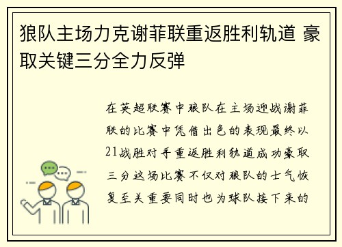 狼队主场力克谢菲联重返胜利轨道 豪取关键三分全力反弹