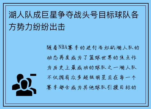 湖人队成巨星争夺战头号目标球队各方势力纷纷出击