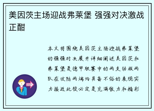 美因茨主场迎战弗莱堡 强强对决激战正酣